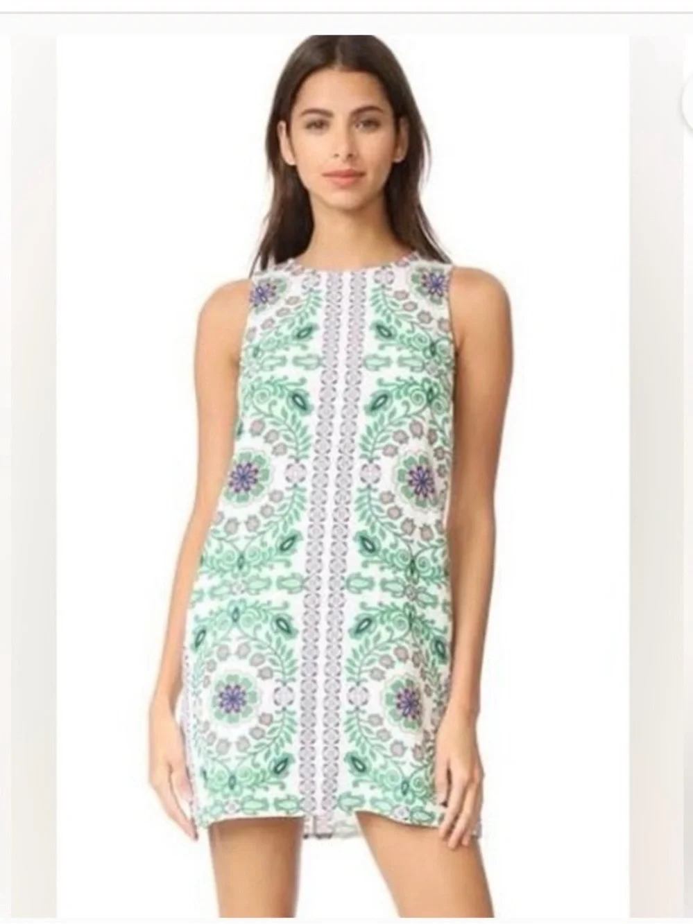 Tory Burch Green, White & Purple Printed Sleeveless Shift Dress